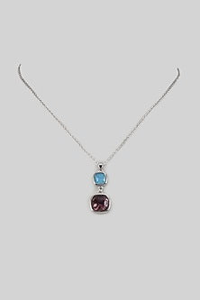 White Rhodium Finish Purple Amethyst & Aquamarine Crystal Pendant Necklace