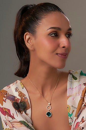 Yellow Gold Finish Cubic Zirconia & Green Tourmaline Crystal Pendant Necklace