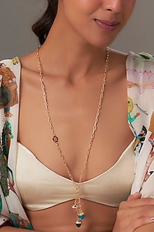 Yellow Gold Finish Cubic Zirconia & Emerald Crystal Long Necklace