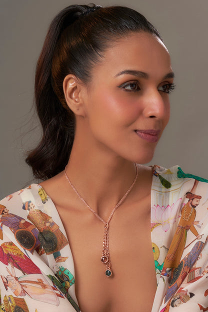 Rose Gold Finish Tourmaline Green & Antique Pink Crystal Pendant Necklace