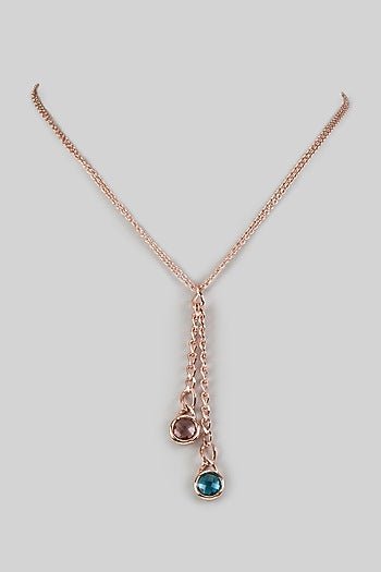 Rose Gold Finish Tourmaline Green & Antique Pink Crystal Pendant Necklace