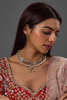 Gold Finish Freshwater Pearl & Semi-Precious Stone Necklace In Sterling Silver