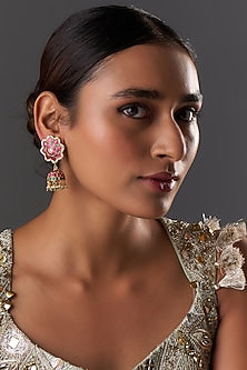 Gold Finish Freshwater Pearl & Semi-Precious Stone Dangler Earrings In Sterling Silver
