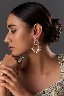 Gold Finish Freshwater Pearl & Semi-Precious Stone Dangler Earrings In Sterling Silver