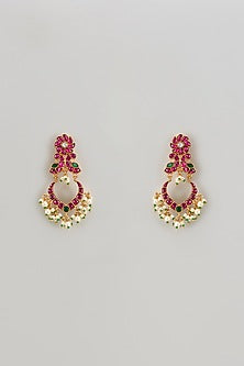 Gold Finish Freshwater Pearl & Semi-Precious Stone Dangler Earrings In Sterling Silver