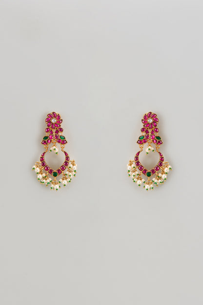 Gold Finish Freshwater Pearl & Semi-Precious Stone Dangler Earrings In Sterling Silver