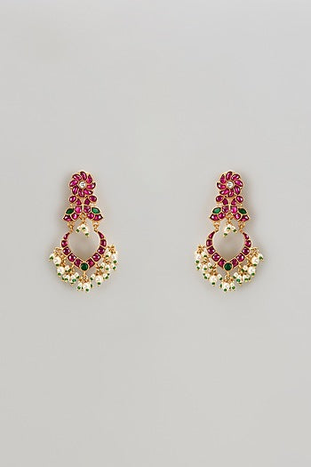Gold Finish Freshwater Pearl & Semi-Precious Stone Dangler Earrings In Sterling Silver