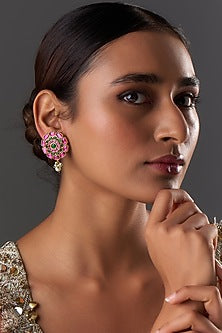 Gold Finish Freshwater Pearl & Semi-Precious Stone Stud Earrings In Sterling Silver