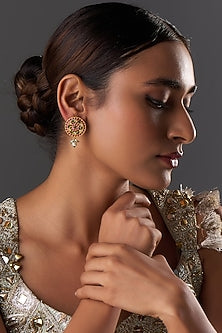 Gold Finish Freshwater Pearl & Semi-Precious Stone Stud Earrings In Sterling Silver