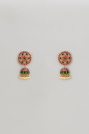 Gold Finish Freshwater Pearl & Semi-Precious Stone Dangler Earrings In Sterling Silver