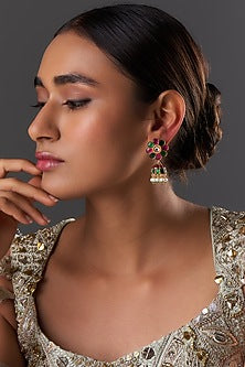 Gold Finish Freshwater Pearl & Semi-Precious Stone Dangler Earrings In Sterling Silver