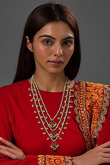 Gold Finish Freshwater Pearl & Semi-Precious Stone Layered Necklace In Sterling Silver