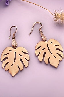 Rose Gold Finish Cubic Zirconia Leaf Dangler Earrings In Sterling Silver