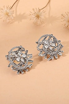 White Finish Cubic Zirconia Stud Earrings In Sterling Silver