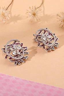 White Finish Cubic Zirconia Stud Earrings In Sterling Silver