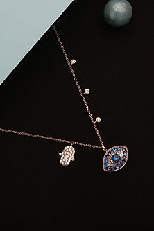 Rose Gold Finish Cubic Zirconia Evil Eye & Hamsa Necklace In Sterling Silver