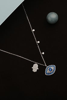 White Finish Cubic Zirconia Evil Eye & Hamsa Necklace In Sterling Silver