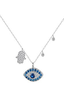 White Finish Cubic Zirconia Evil Eye & Hamsa Necklace In Sterling Silver