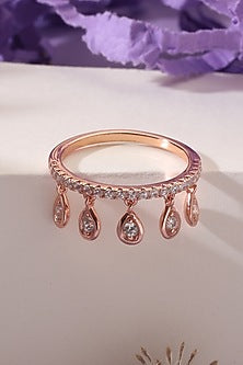 Rose Gold Finish Cubic Zirconia Dangler Ring In Sterling Silver