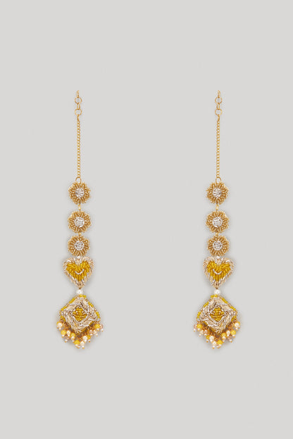 Yellow Beaded & Dabka Hand Embroidered Dangler Earrings