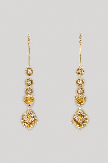 Yellow Beaded & Dabka Hand Embroidered Dangler Earrings
