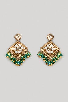 Gold Beaded & Pearl Hand Embroidered Dangler Earrings
