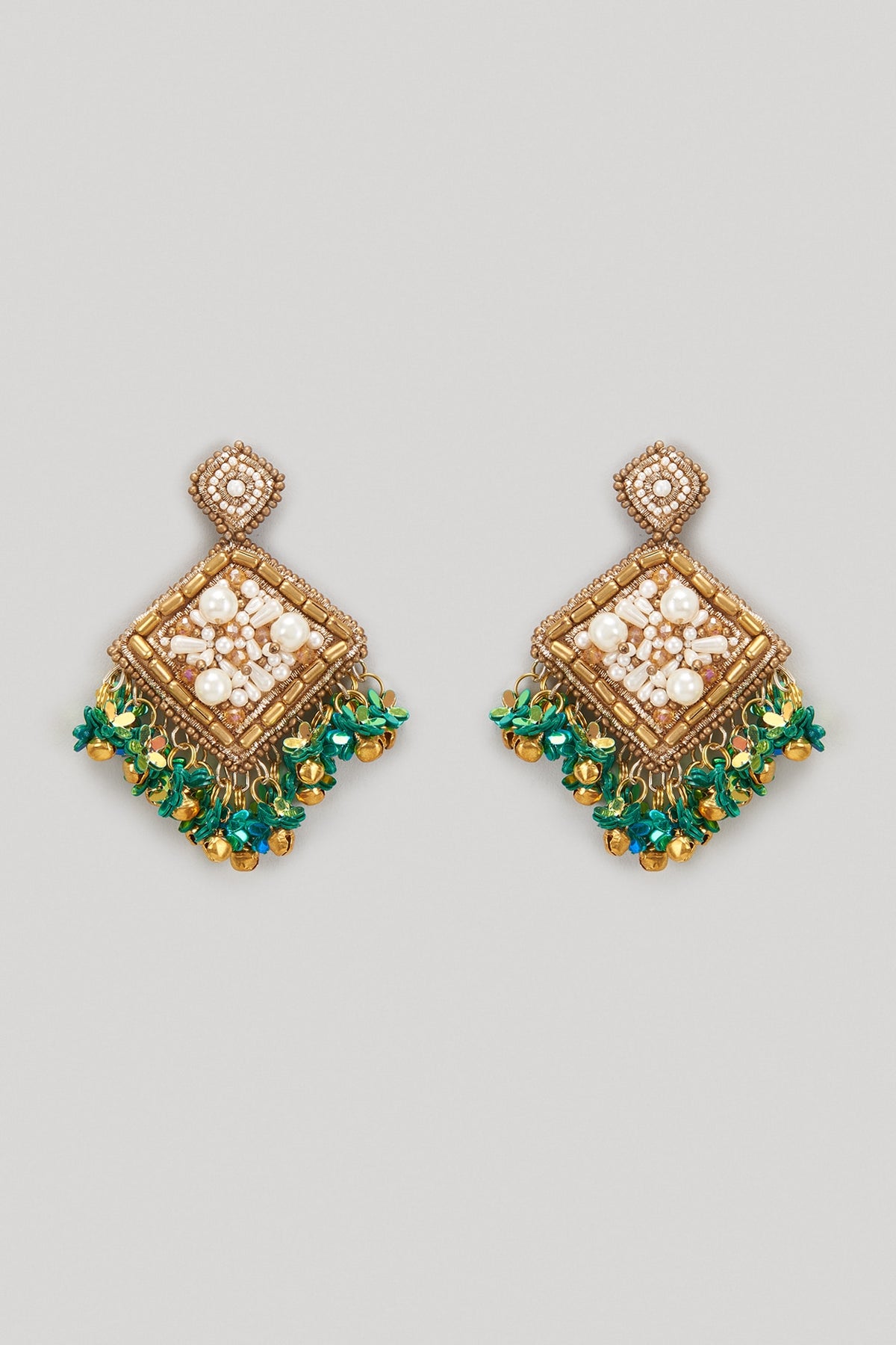 Gold Beaded & Pearl Hand Embroidered Dangler Earrings