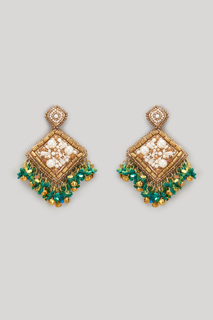 Gold Beaded & Pearl Hand Embroidered Dangler Earrings