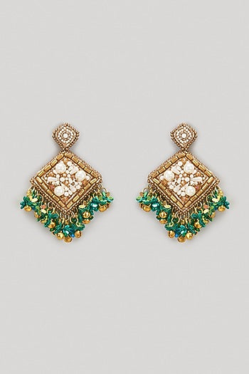 Gold Beaded & Pearl Hand Embroidered Dangler Earrings