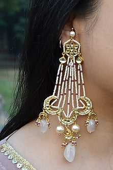 Gold Finish Pearl Jaal & Kundan Polki Passa Dangler Earrings