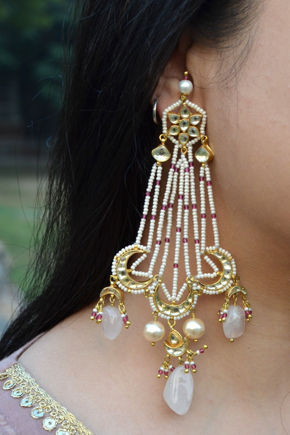 Gold Finish Pearl Jaal & Kundan Polki Passa Dangler Earrings