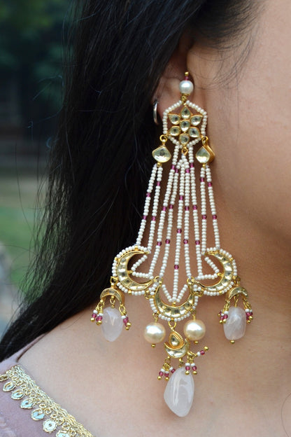 Gold Finish Pearl Jaal & Kundan Polki Passa Dangler Earrings