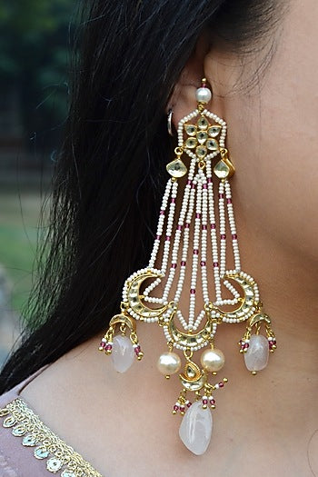 Gold Finish Pearl Jaal & Kundan Polki Passa Dangler Earrings