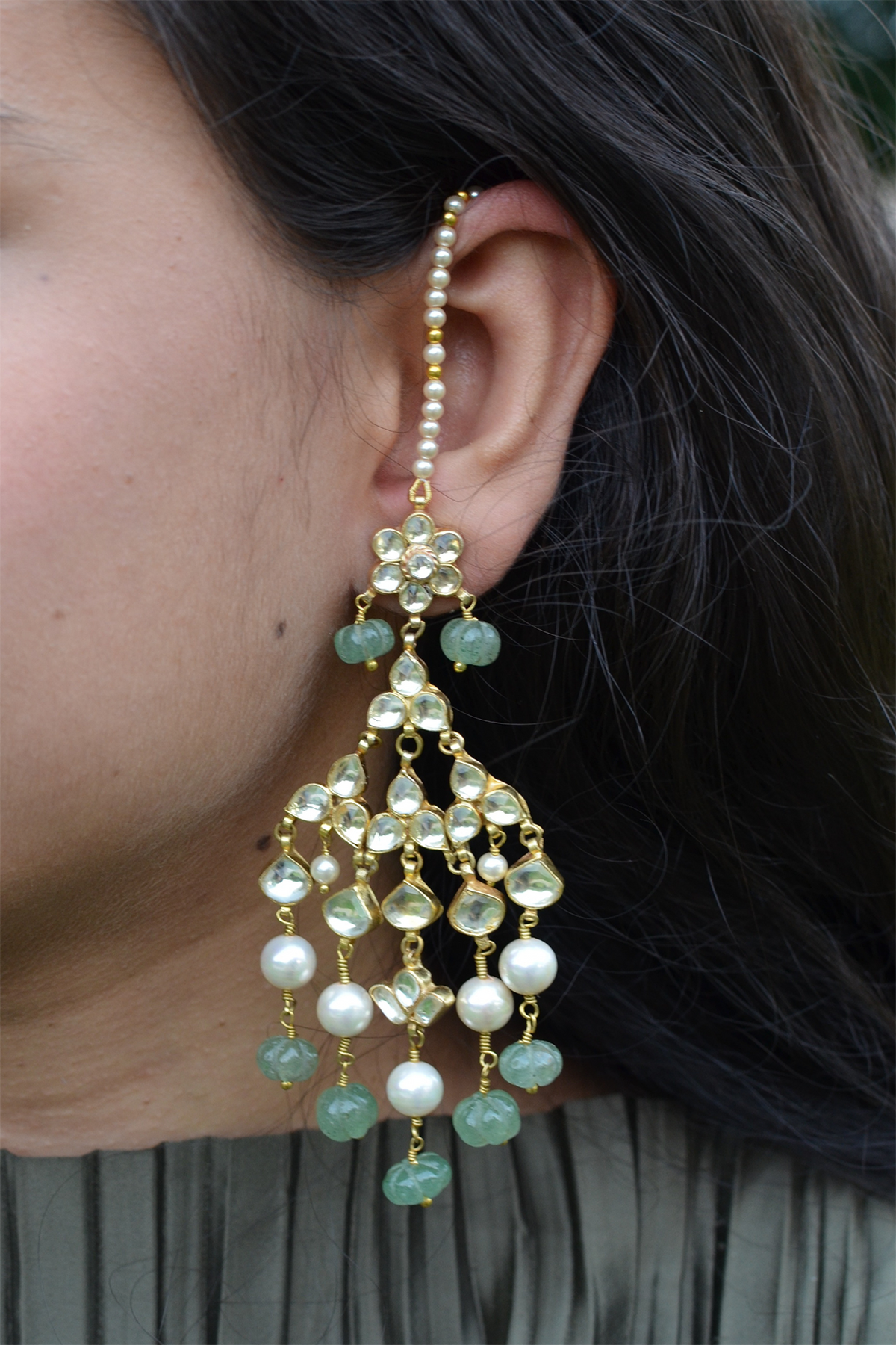 Gold Finish Kundan Polki & Jade Onyx Stone Kundankari Dangler Earrings