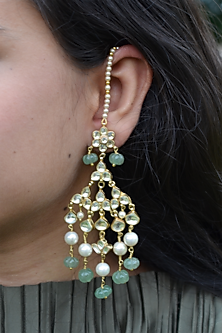 Gold Finish Kundan Polki & Jade Onyx Stone Kundankari Dangler Earrings