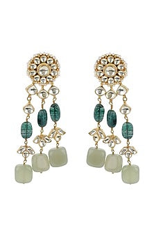 Gold Finish Kundan Polki & Dark Green Onyx Stone Dangler Earrings