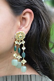 Gold Finish Kundan Polki & Dark Green Onyx Stone Dangler Earrings