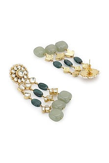 Gold Finish Kundan Polki & Dark Green Onyx Stone Dangler Earrings