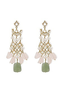 Gold Finish Kundan Polki & Soft Pink Onyx Stone Dangler Earrings