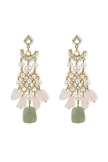 Gold Finish Kundan Polki & Soft Pink Onyx Stone Dangler Earrings