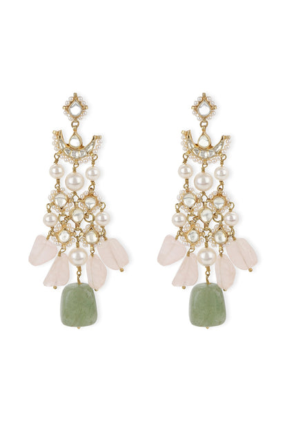 Gold Finish Kundan Polki & Soft Pink Onyx Stone Dangler Earrings