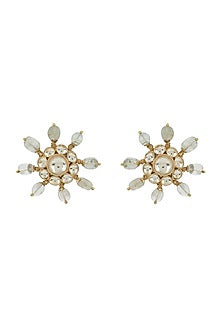Gold Finish Kundan Polki & Sea Green Quartz Onyx Stone Stud Earrings