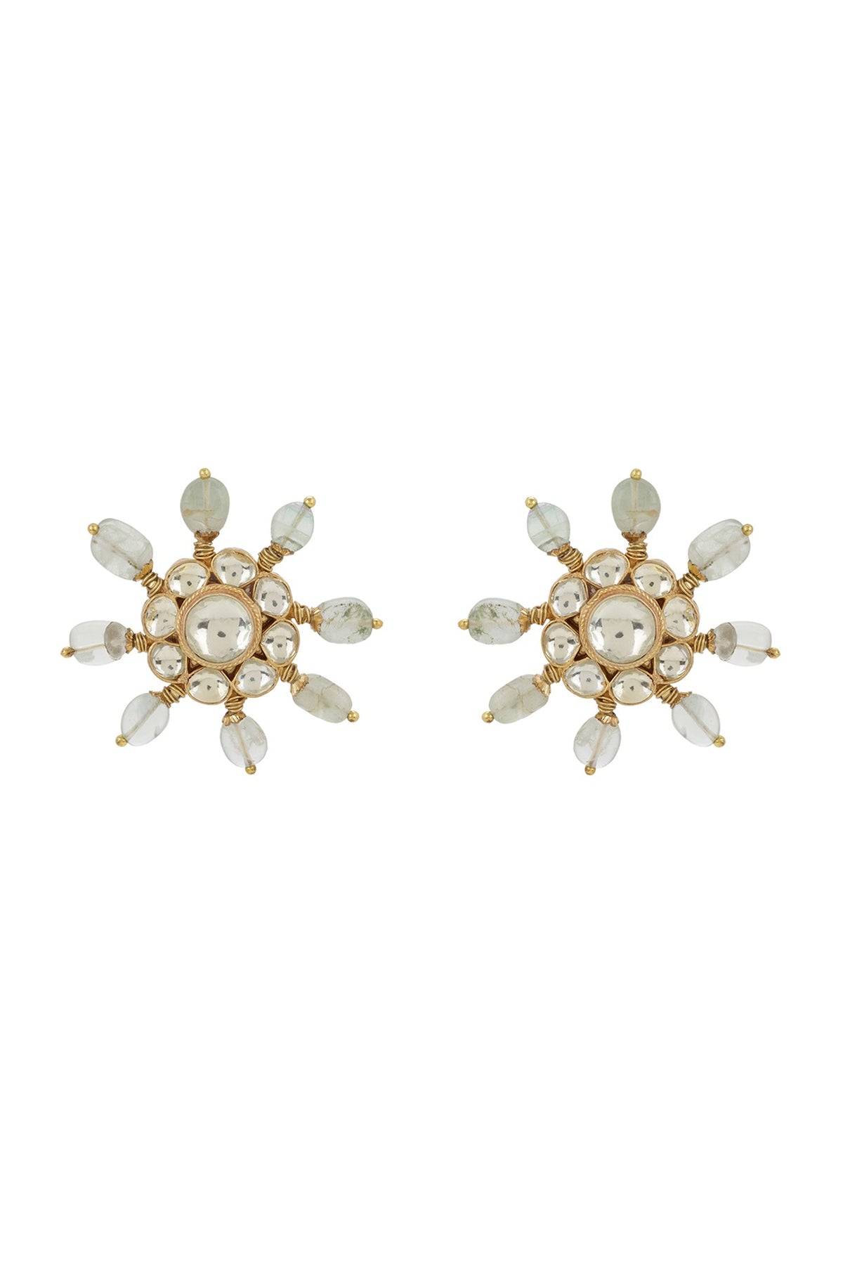 Gold Finish Kundan Polki & Sea Green Quartz Onyx Stone Stud Earrings