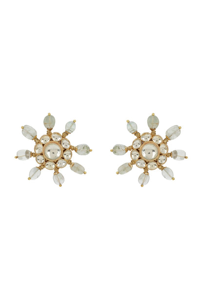 Gold Finish Kundan Polki & Sea Green Quartz Onyx Stone Stud Earrings