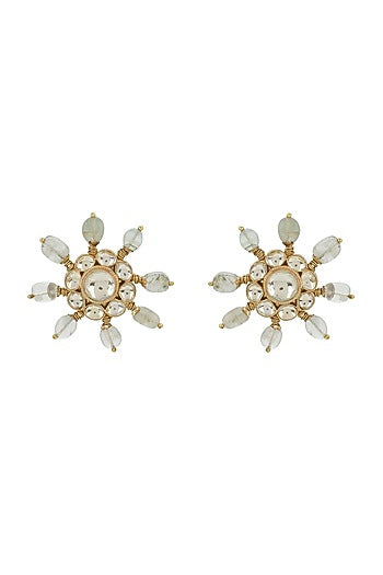 Gold Finish Kundan Polki & Sea Green Quartz Onyx Stone Stud Earrings