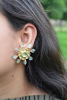 Gold Finish Kundan Polki & Sea Green Quartz Onyx Stone Stud Earrings