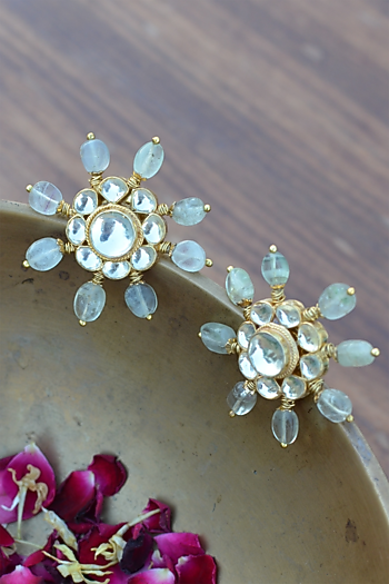 Gold Finish Kundan Polki & Sea Green Quartz Onyx Stone Stud Earrings