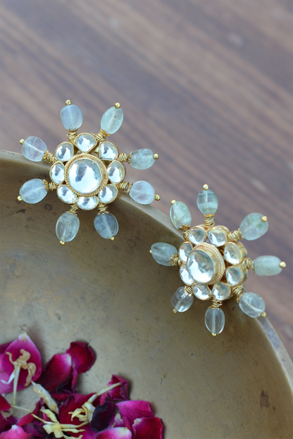 Gold Finish Kundan Polki & Sea Green Quartz Onyx Stone Stud Earrings