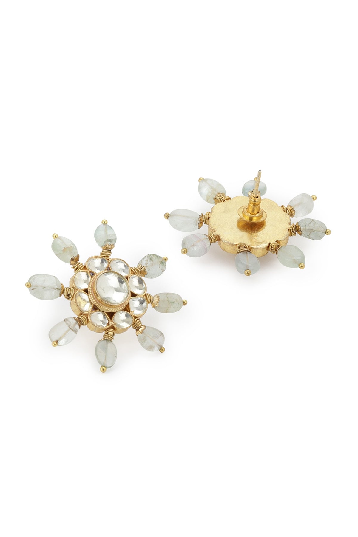 Gold Finish Kundan Polki & Sea Green Quartz Onyx Stone Stud Earrings