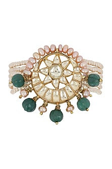 Gold Finish Kundan Polki & Green Melon Onyx Stone Bracelet